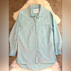 Anthropologie Lola River Striped Button Down Shirt Womens Size M Teal&White